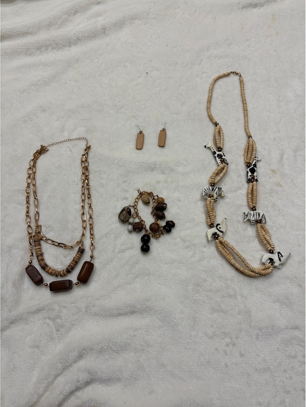 Set of layered gold tone coconut shell wood, african necklace, nut seed bracelet